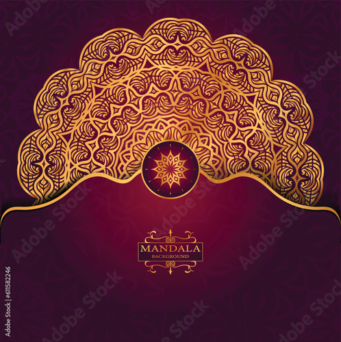 Golden Luxury Religious Mandala Greeting Square Card Design With Red  Abatract Background 