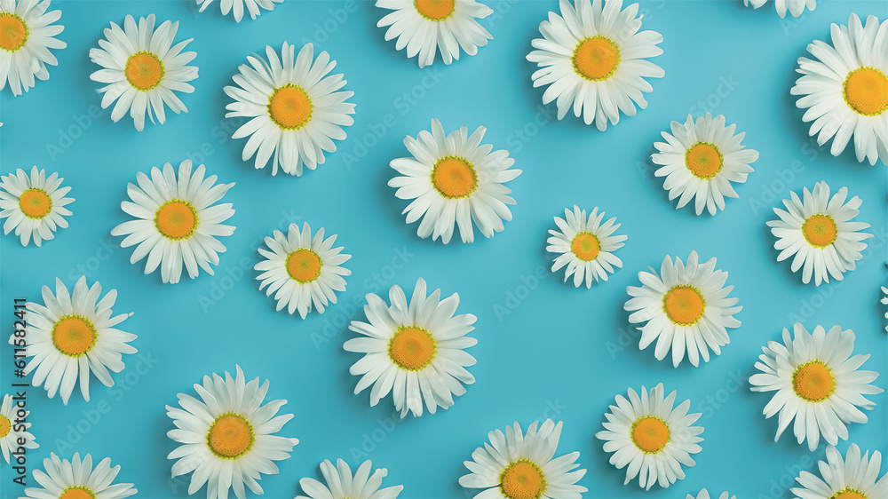 Daisy pattern. Flat lay spring and summer daisy flowers on a blue background