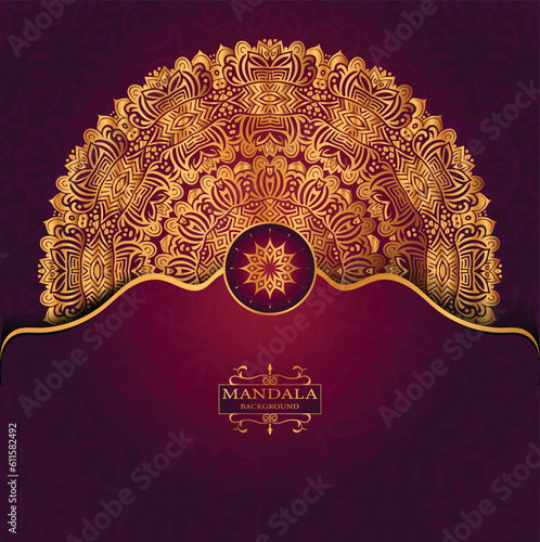 Golden Luxury Religious Mandala Greeting Square Card Design With Red  Abatract Background 