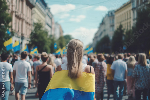 Protesters with Ukrainian flags in the street of a busy European city express their protest. generative AI tools photo