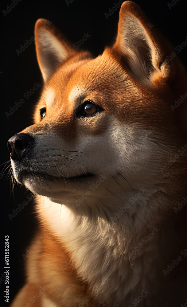 A close up of a dog with a black background. Generative AI. Shiba inu dog portrait.