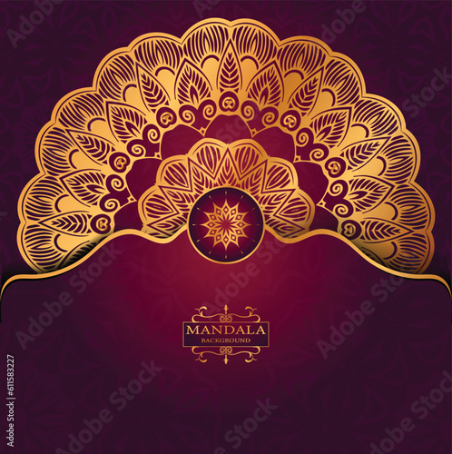 Golden Luxury Religious Mandala Greeting Square Card Design With Red  Abatract Background 