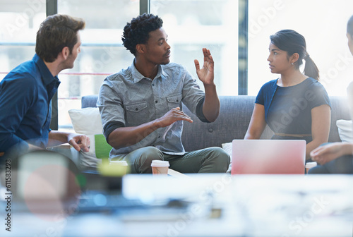 Canvas Print Group, creative people and black man in meeting, brainstorming and collaboration at advertising agency