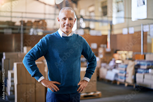 Happy  delivery and portrait of man in warehouse for cargo  storage and shipping. Distribution  ecommerce and logistics with employee in factory plant for supply chain  package or wholesale supplier