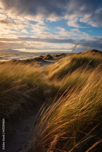 Landscape photo of a prairy with long grass under a dramatic sky. Generative AI