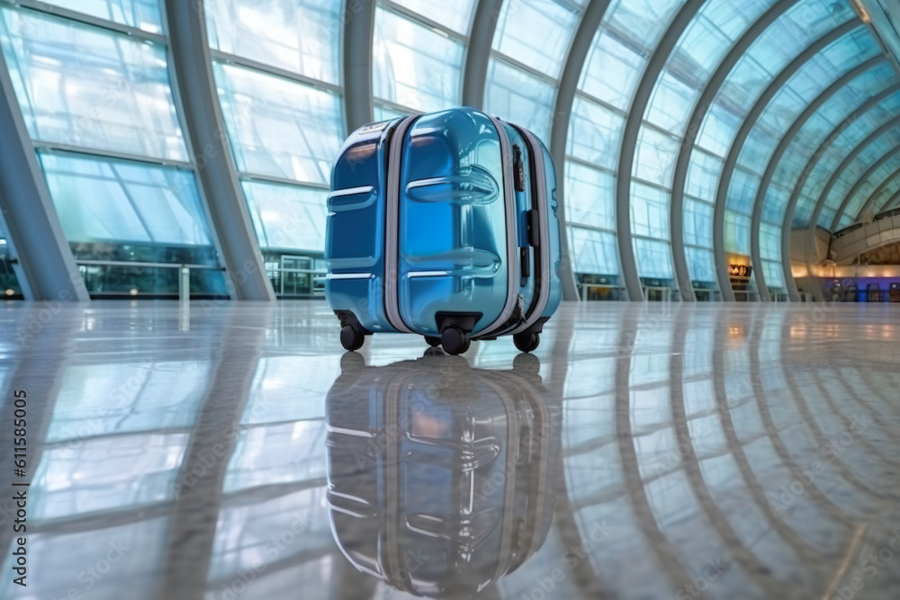 A blue suitcase sitting on top of an airport floor. Generative AI.