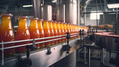 metallic Conveyor in the production of juice, sweet water, orange bottles in the factory, natural product. generated ai.