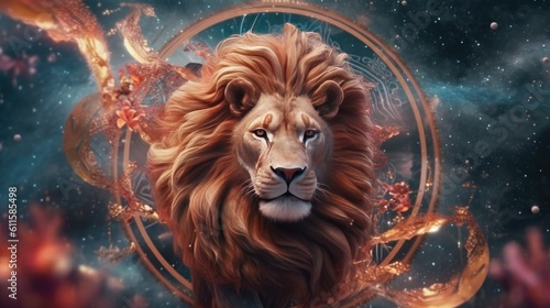 Astrology calendar. Leo magical zodiac sign astrology. Esoteric horoscope and fortune telling concept. Leo zodiac in universe. Generative AI