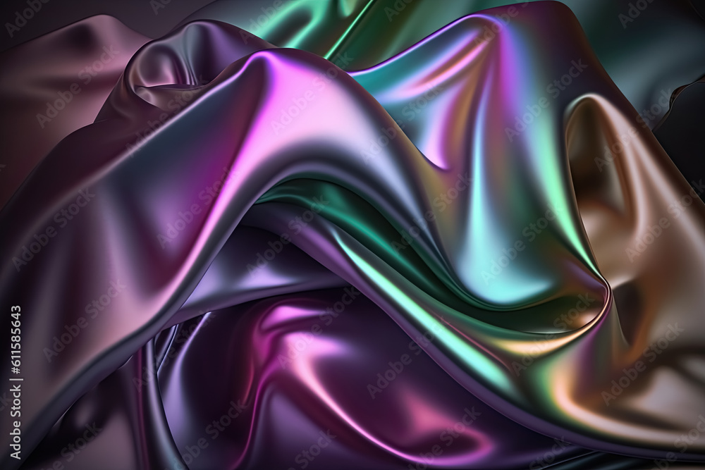 Obraz premium Dark iridescent rainbow colors abstract shiny plastic silk or satin wavy background. Generative AI