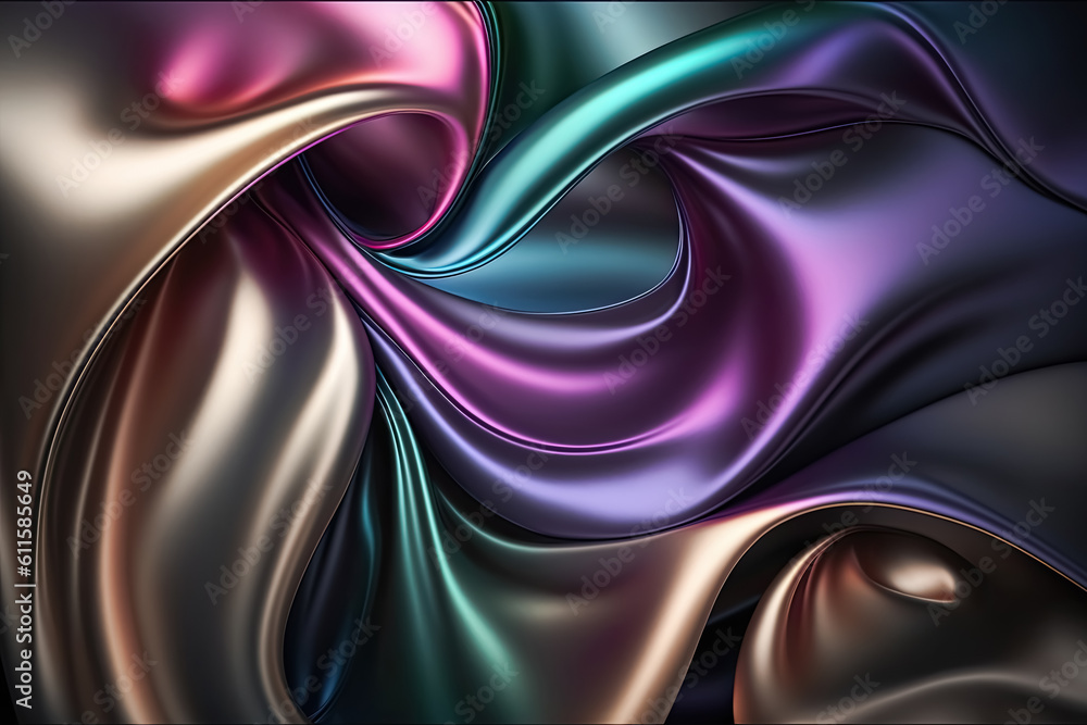 Obraz premium Dark iridescent rainbow colors abstract shiny plastic silk or satin wavy background. Generative AI