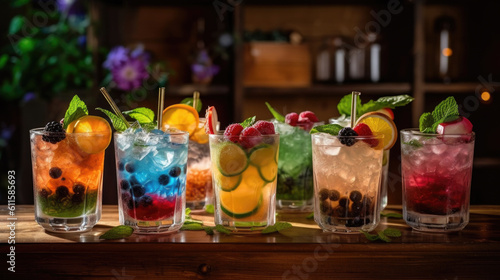 Assortment, a set of cocktails on a dark background, menu, variety, different drinks, alcoholic and non-alcoholic. bar generated ai.
