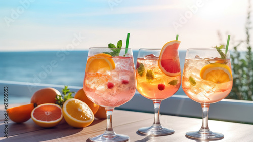 Beautiful colorful summer drinks on the table against the backdrop of the sea, vacation, vacation, travel. Refreshing alcoholic and non-alcoholic cocktails. generated ai.