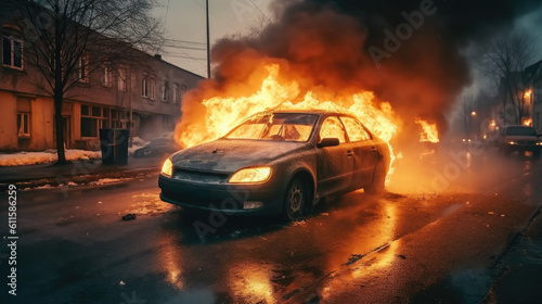 The car is on fire, flame and smoke on the street, danger, accident insurance. accident generated ai.