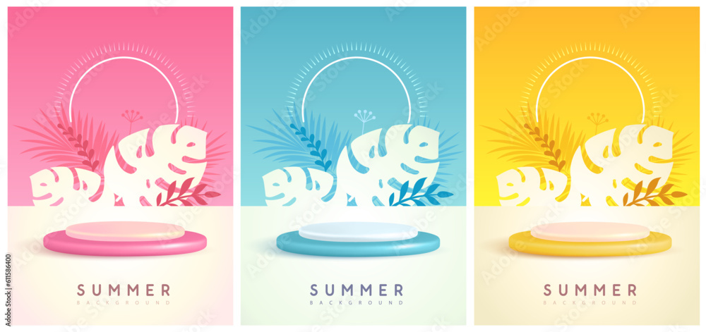 Set of colorful summer backgrounds with stage and tropic leaves. Colorful minimal scene. Vector illustration