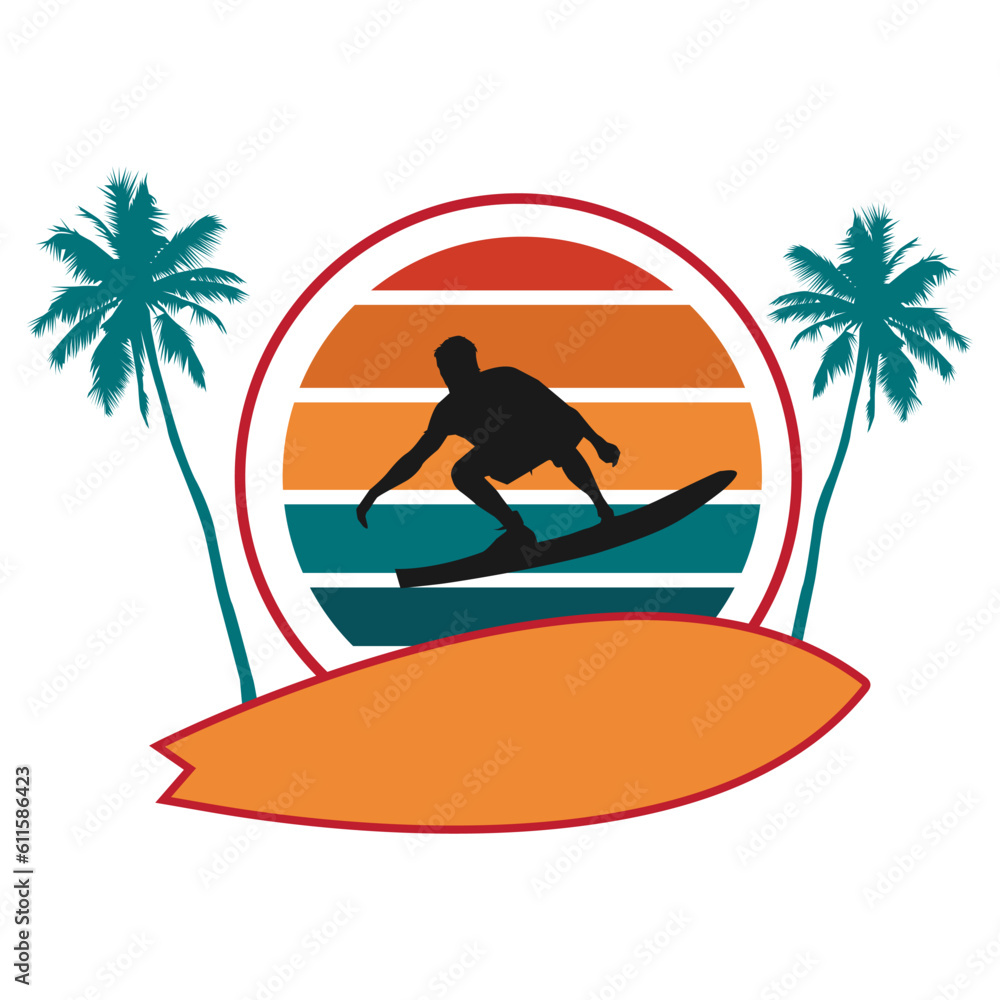 surfboard and palm tree icon illustration