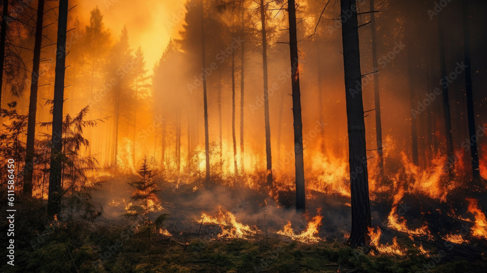 Burning trees and bright orange flame with smoke spreading about woods. Big fire in forest destroying wild nature and ecology generative AI.