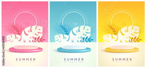 Set of colorful summer backgrounds with stage and tropic leaves. Colorful minimal scene. Vector illustration