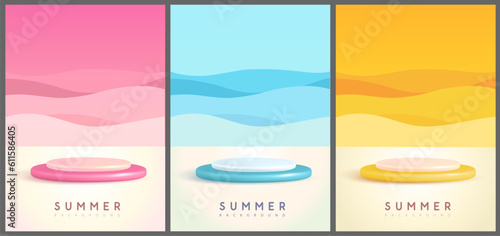 Canvas Print Set of colorful summer backgrounds with plastic stage and abstract wave landscape