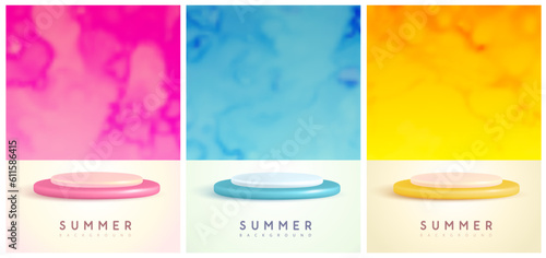 Set of colorful summers posters with plastic stage and abstract smoky background. Colorful minimal scene. Vector illustration