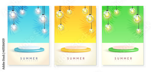 Set of colorful summer backgrounds with stage, electric lamps and palm leaves. Colorful minimal scene. Vector illustration