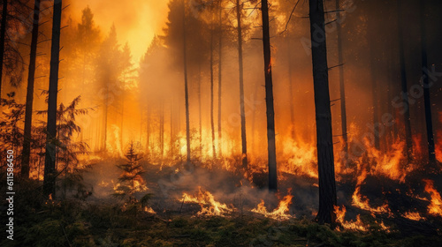 Burning trees and bright orange flame with smoke spreading about woods. Big fire in forest destroying wild nature and ecology generative AI. © Valeriia