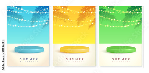 Set of colorful summer backgrounds with stage, string of lights and palm leaves. Colorful minimal scene. Vector illustration