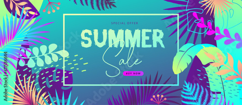 Colorful summer big sale tropical gradient poster with fluorescent tropic leaves. Summertime background. Vector illustration