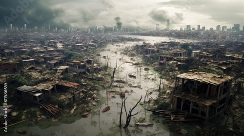 A tsunami destroys a city, a disaster and a catastrophe, a natural phenomenon, a cataclysm, an Armageddon, a post-apocalyptic town. village generated ai.