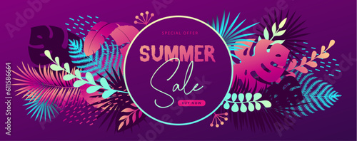 Colorful summer big sale tropical gradient poster with fluorescent tropic leaves. Summertime background. Vector illustration
