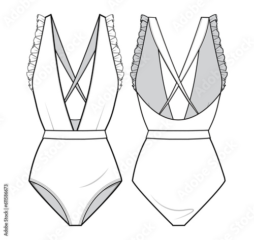 Frill Sleeveless Back Open Leotard Bodysuit Swimsuit Fashion Illustration, Vector, CAD, Technical Drawing, Flat Drawing, Template, Mockup	