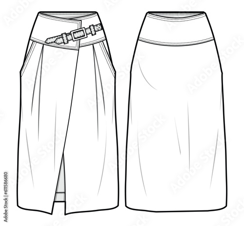 women wrap around pencil skirt with belt Front and Back View. Fashion Illustration, Vector, CAD, Technical Drawing, Flat Drawing, Template, Mockup.