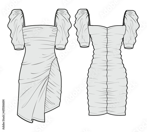 Bishop short sleeve Ruched Dress Gathered Bodycon Dress, Tight Party Dress Set Fashion Illustration, Vector, CAD, Technical Drawing, Flat Drawing, Template, Mockup.