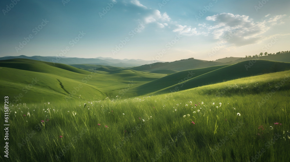 Landscape with lush green meadow, blue sky and a few clouds