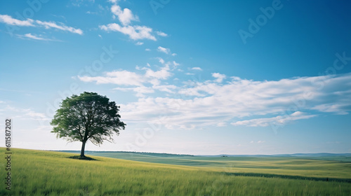 Summer Landscape of a green pasture with a tree and white clouds 
