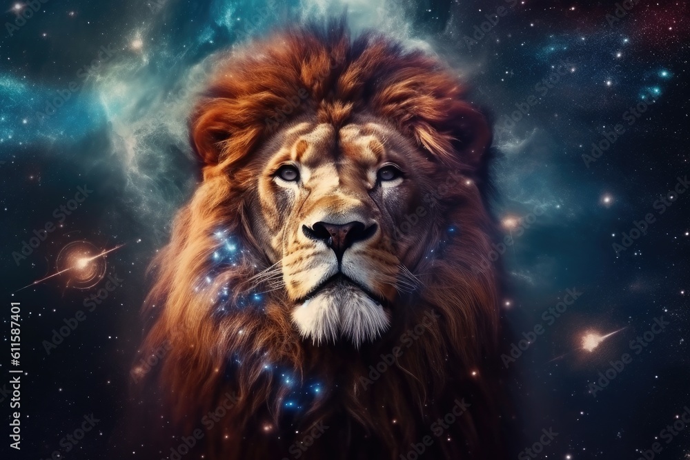 Astrology calendar. Leo magical zodiac sign astrology. Esoteric horoscope and fortune telling concept. Leo zodiac in universe. Generative AI