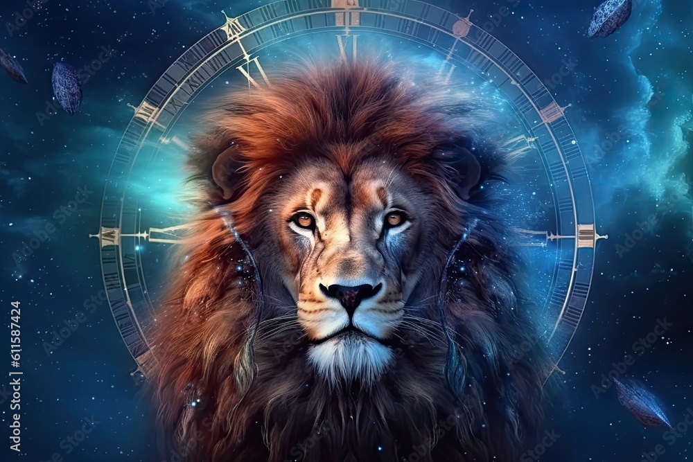 Astrology calendar. Leo magical zodiac sign astrology. Esoteric horoscope and fortune telling concept. Leo zodiac in universe. Generative AI Astrology calendar. Leo magical zodiac sign astrology. Esoteric horoscope and fortune telling concept. Leo zodiac in universe. Generative AI