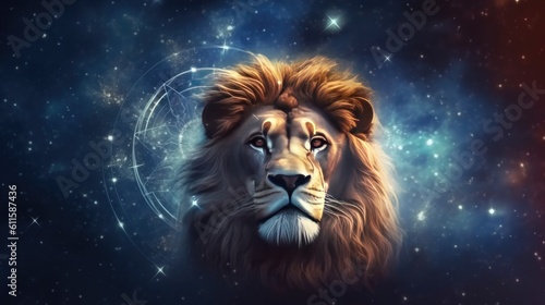 Astrology calendar. Leo magical zodiac sign astrology. Esoteric horoscope and fortune telling concept. Leo zodiac in universe. Generative AI