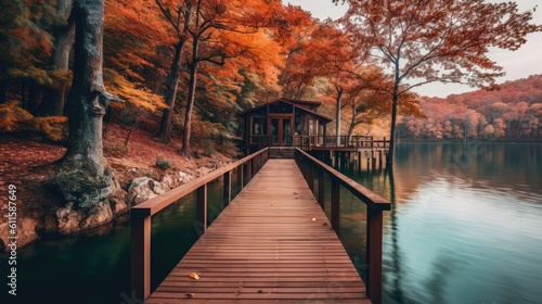 A peaceful lakeside retreat with a wooden dock surrounded by trees showcasing their fall colors, providing a tranquil space for relaxation. Generative AI.  © Dannchez