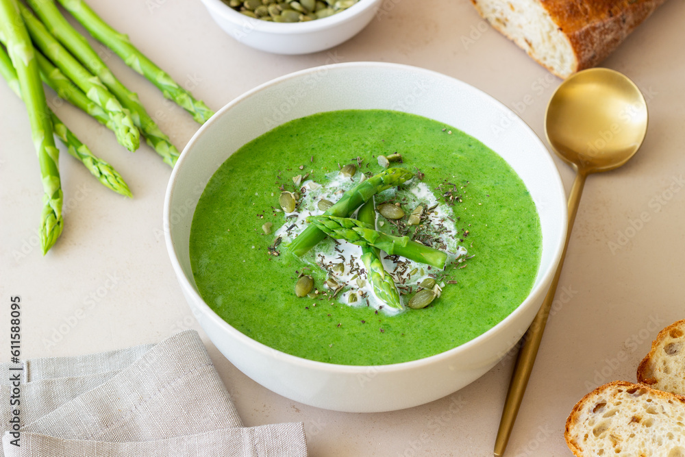 Green asparagus cream soup. Healthy eating. Vegetarian food. Diet. Green asparagus cream soup. Healthy eating. Vegetarian food. Diet.