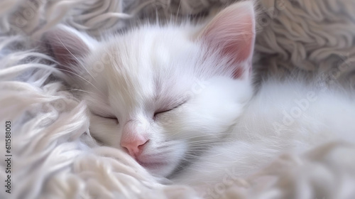 Adorable cute kitten sleeping on bed. Generative AI © piai