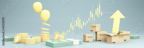 Photography Shopping cart with red upward arrow Surrounded by cardboard boxes and stock charts money as financial saving rising in inflation and business profit growth concept