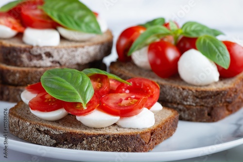 Bruschetta with mozzarella, tomatoes and basil. Vegetarian food. Healthy eating
