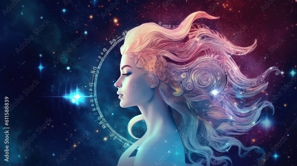 Astrology calendar. Virgo magical zodiac sign astrology. Esoteric horoscope and fortune telling concept. Virgo zodiac in universe. Generative AI Astrology calendar. Virgo magical zodiac sign astrology. Esoteric horoscope and fortune telling concept. Virgo zodiac in universe. Generative AI