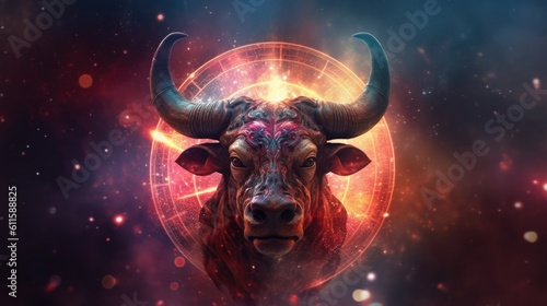 Astrology calendar. Taurus magical zodiac sign astrology. Esoteric horoscope and fortune telling concept. Taurus zodiac in universe. Generative AI photo