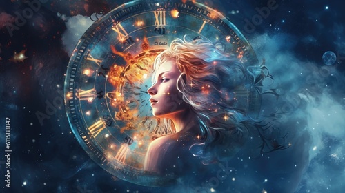 Astrology calendar. Virgo magical zodiac sign astrology. Esoteric horoscope and fortune telling concept. Virgo zodiac in universe. Generative AI photo