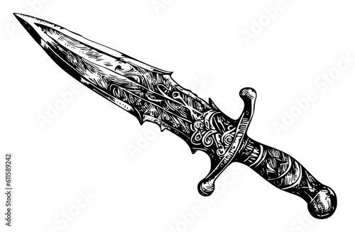 Dagger vector illustration. Fantasy dagger drawing. Dagger sketch. Dagger illustration for tattoo, tshirt, print, poster