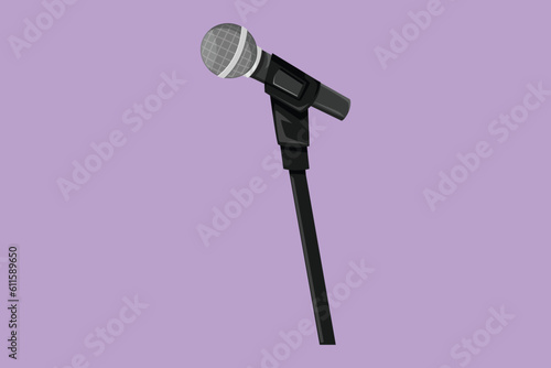 Graphic flat design drawing stylized stand mic with microphone on blue background. Singer equipment for sing song with standing mic at music concert summer festival. Cartoon style vector illustration