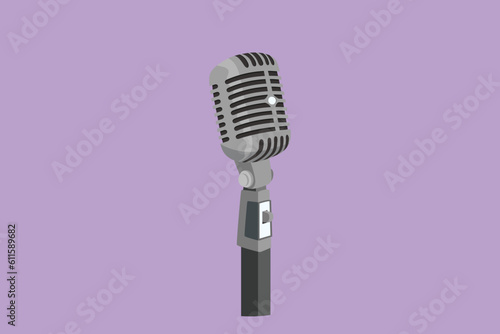 Character flat drawing vintage stage microphone. Old technology stand microphone concept for comedian at standup comedy show. Mic for retro singer at music festival. Cartoon design vector illustration