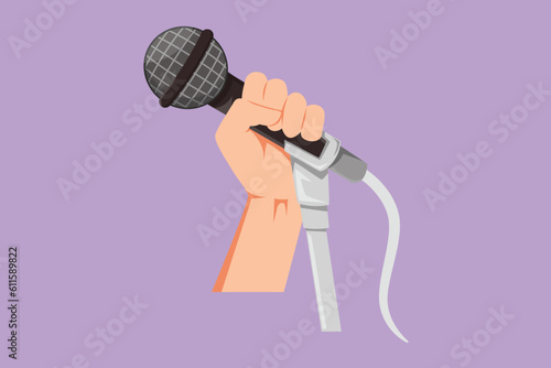 Graphic flat design drawing stylized singer hand using microphone logo. Karaoke people sings the song to microphone. Stand up comedian holding microphone in his hand. Cartoon style vector illustration