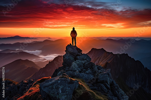Silhouette of a triumphant individual standing a mountain peak   Leadership Concept   Created with generative AI